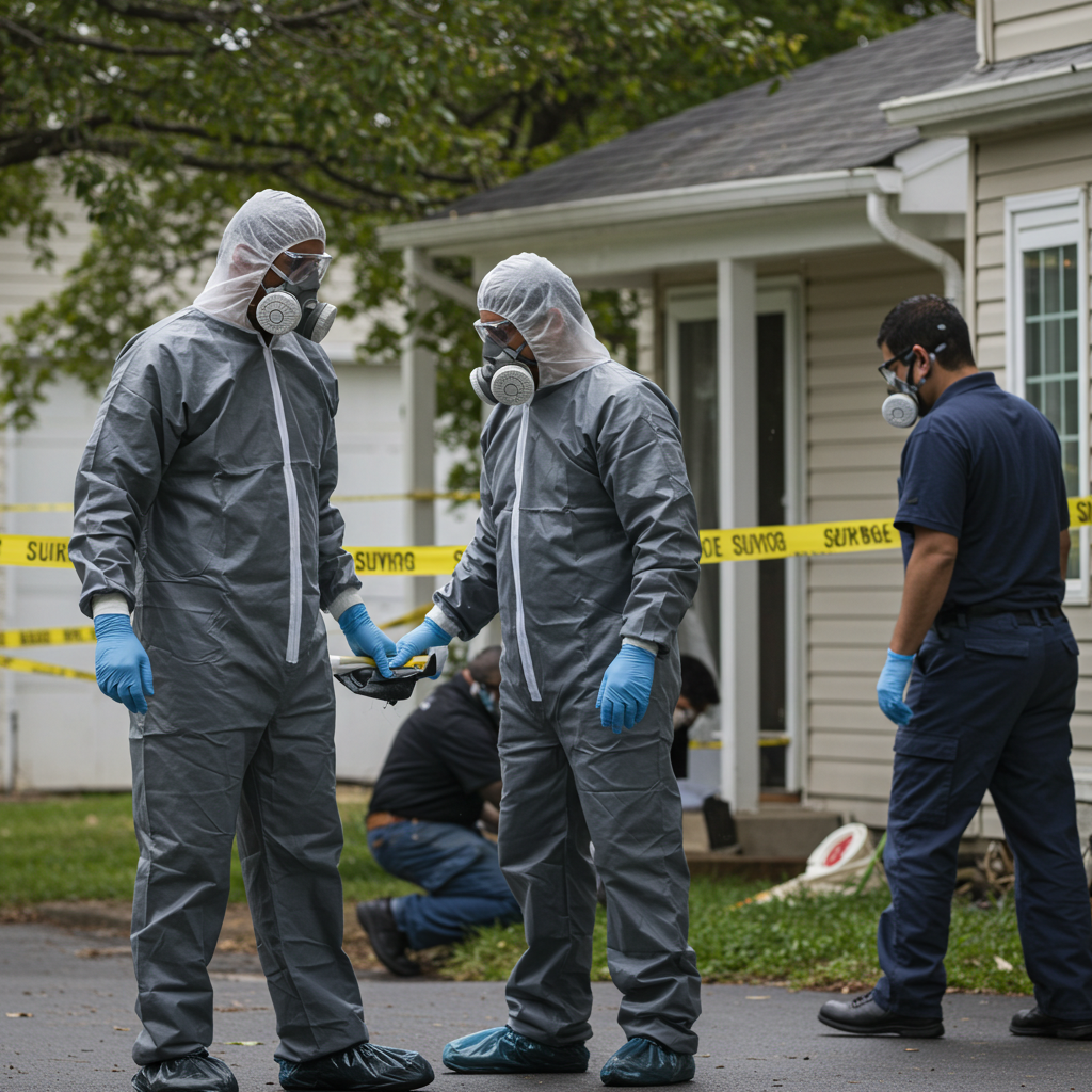 Two hazmat personnel in grey suits and respirators investigate an object. A responder in blue stands by a house with yellow 'SUYING' tape.
