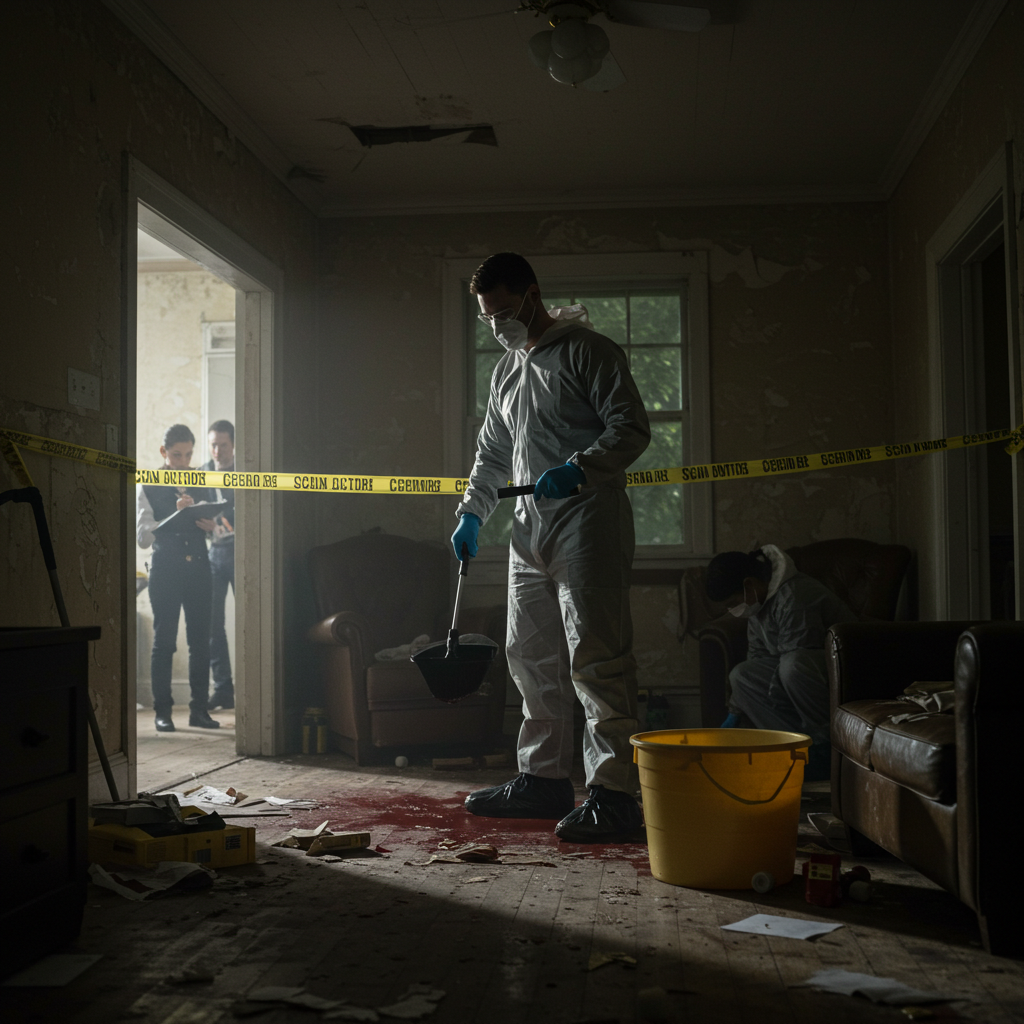 team cleaning crime scene