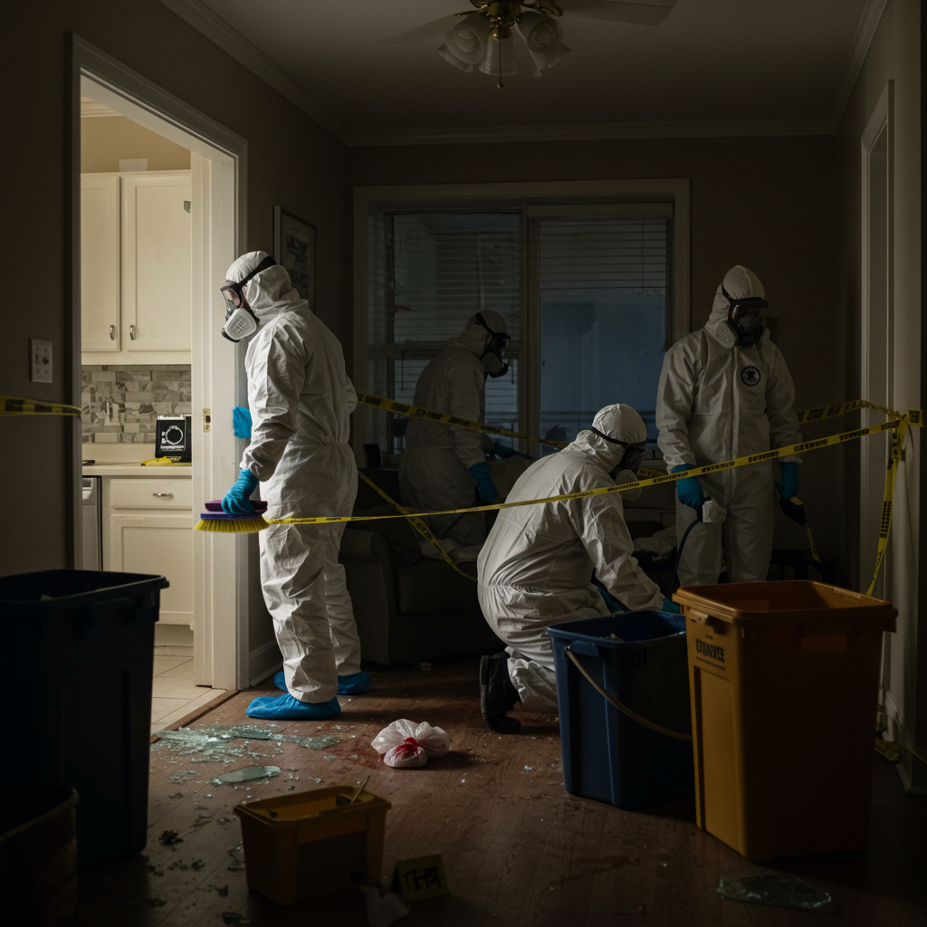 Four hazmat-suited personnel with gas masks conduct a forensic cleanup, sweeping glass and examining evidence in a taped-off room.