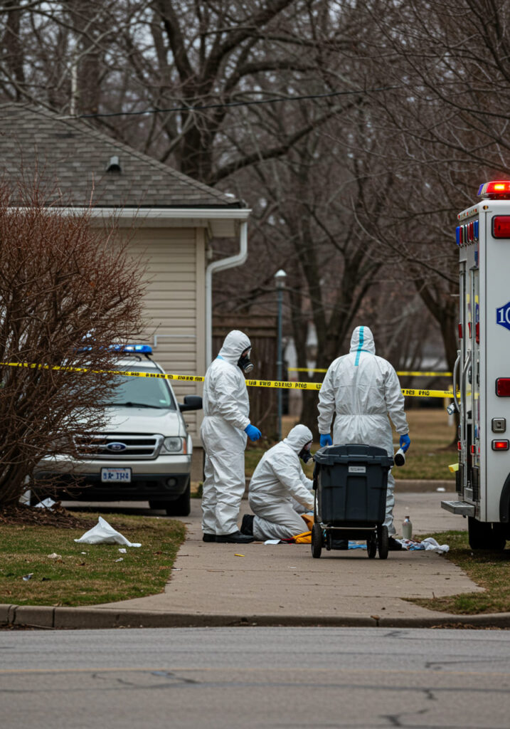 Three hazmat technicians in white suits and respirators, one kneeling, behind yellow caution tape on a sidewalk near vehicles.