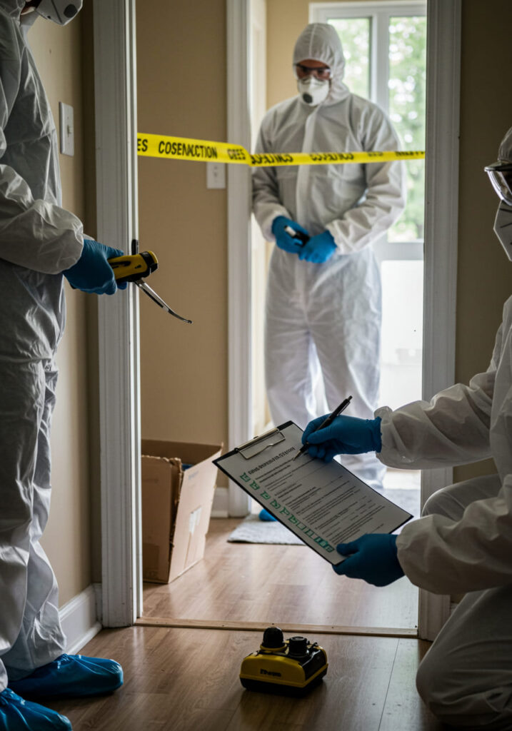 Three hazmat-suited investigators at a crime scene. One kneels writing on a clipboard, another holds a tool, and the third stands behind yellow tape.