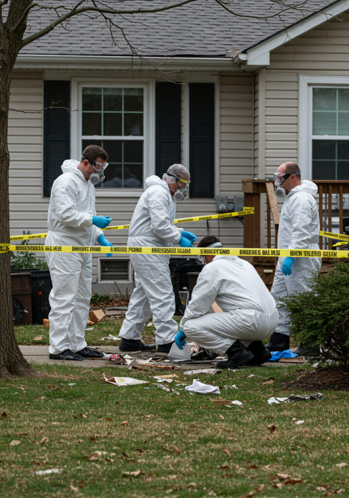 Four hazmat team members in white suits, goggles, and respirators investigate debris behind yellow caution tape near a house.