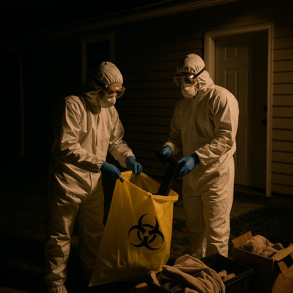 IICRC-certified trauma cleanup technicians in protective gear sanitizing a crime scene in Aurora, IL.