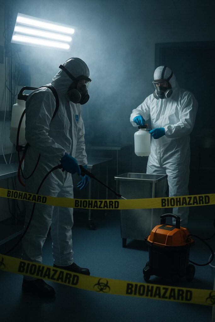 You see our IICRC certified technicians ready to do a trauma scene and crime scene cleanup at home located in Woodstock IL.