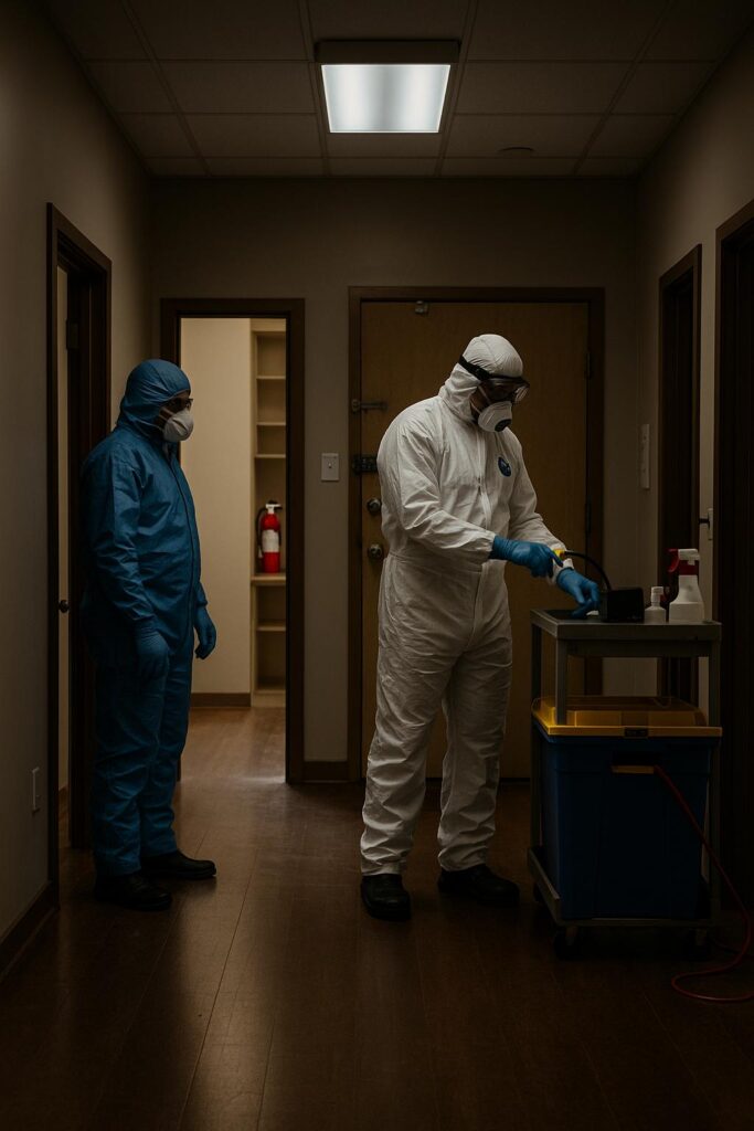 IICRC certified crime scene and trauma cleanup technicians working at organizing the biohazard cleaning needed at a home in Campton Hills Illinois.