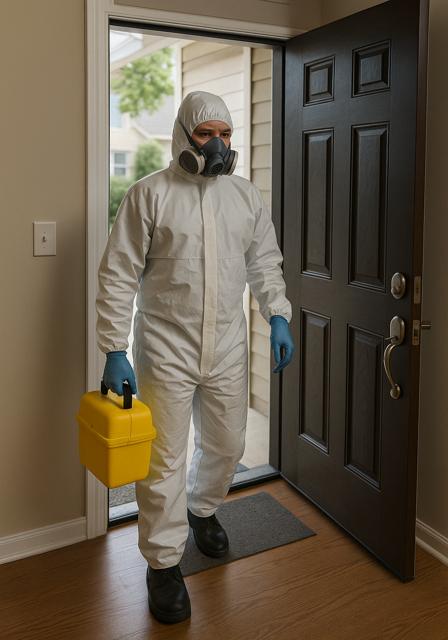 Midwest Trauma Cleanup IICRC certified technician entering a home for a crime scene cleanup in Bolingbrook IL.