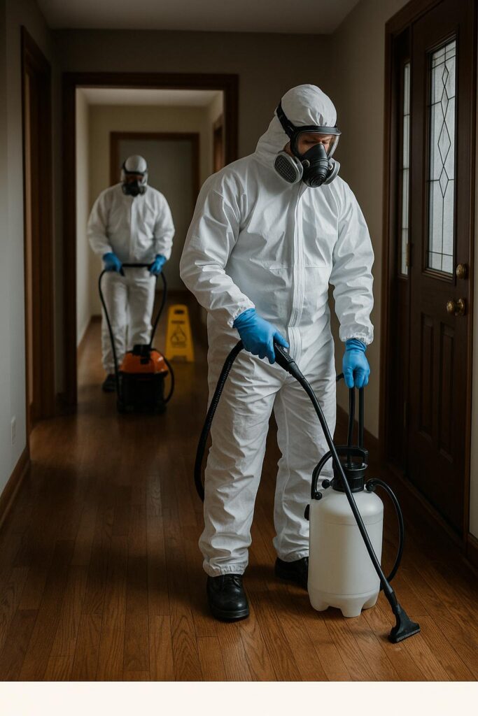 IICRC certified trauma cleanup technicians working hard sanitizing surfaces at a house in Winfield IL