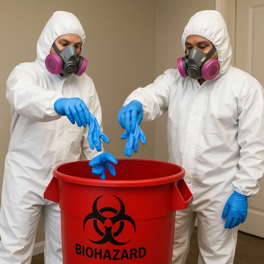 Here you see to of our trauma cleanup technicians showing the removal of PPE after a biohazard cleanup in River Forest IL.