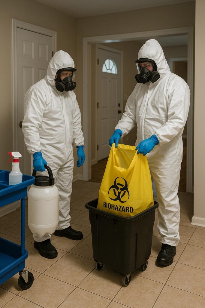 Two hazmat personnel in white suits, gas masks, and blue gloves. One holds a sample container, the other a yellow biohazard bag.
