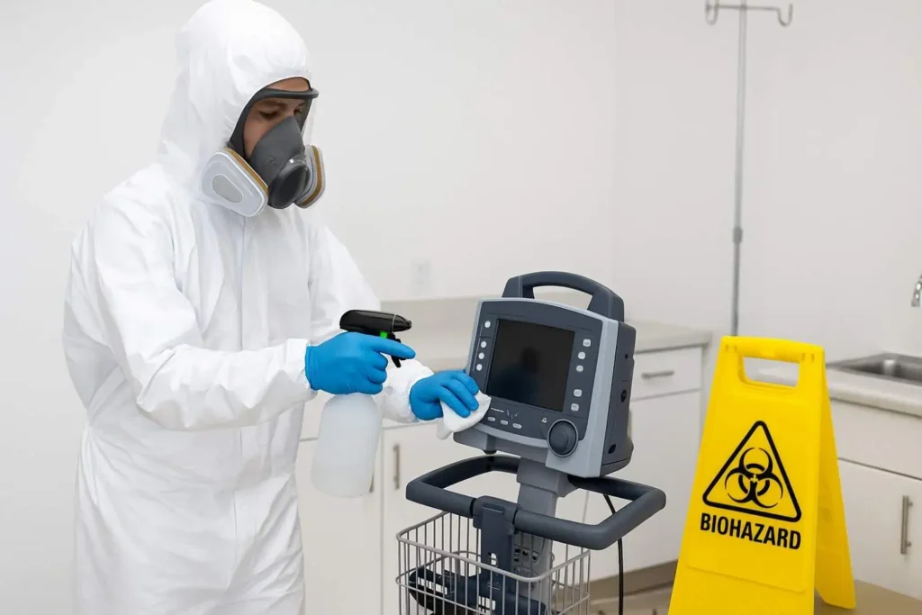 Biohazard cleaner disinfecting medical equipment in Cleveland, Tennessee healthcare facility.