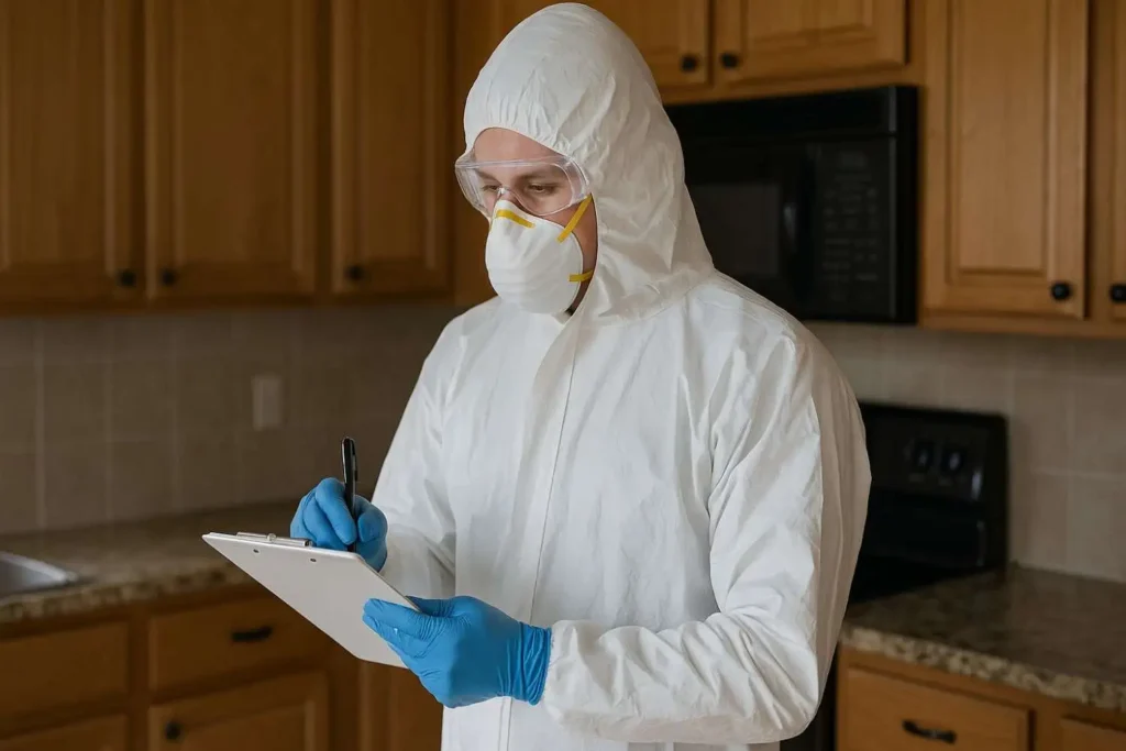 Trauma cleanup specialist in protective gear documenting a biohazard assessment inside a home in Allen Park, MI.