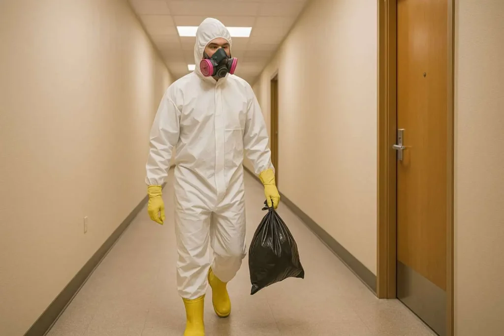 Professional biohazard cleanup technician removing contaminated waste in protective gear in Portland, TN.