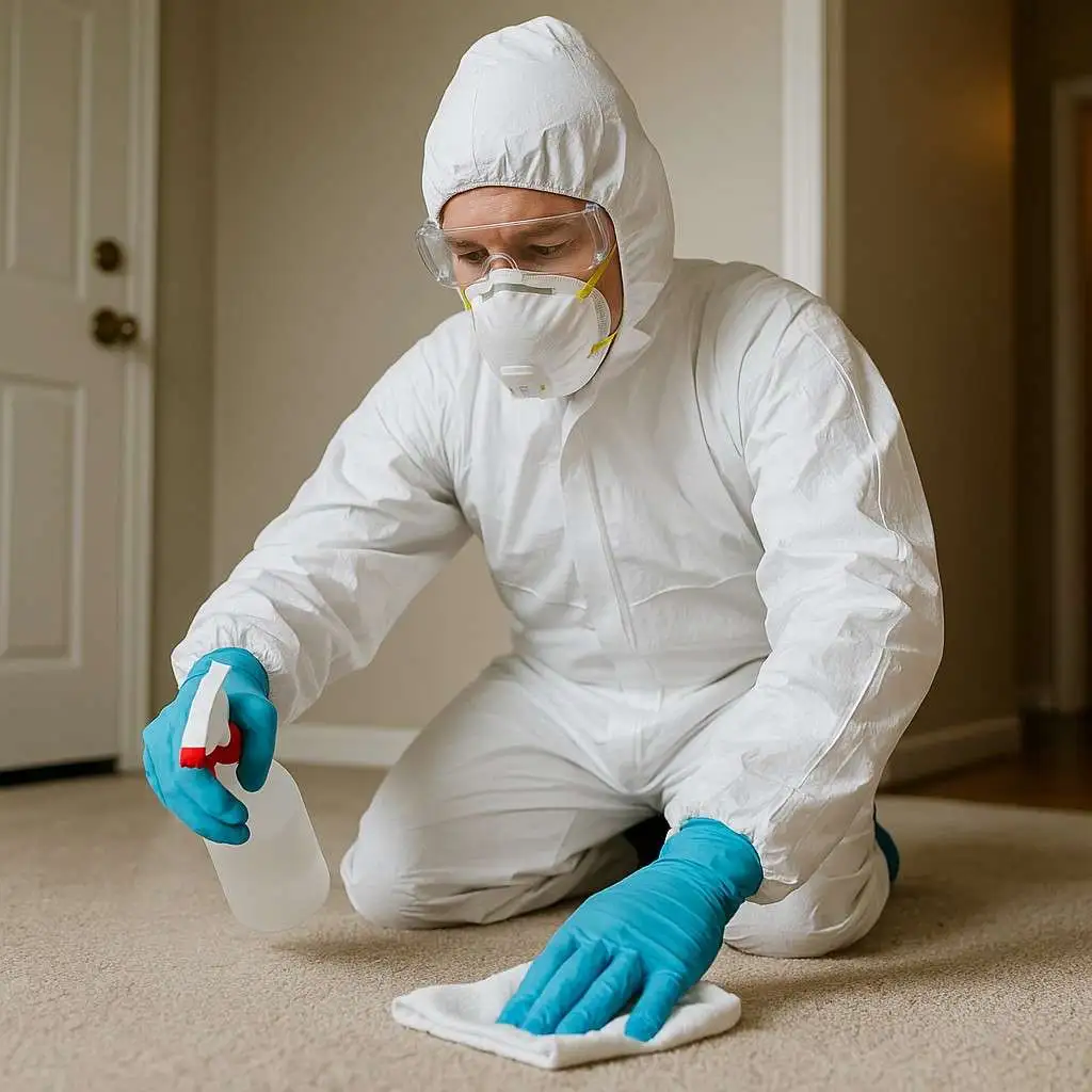 Biohazard cleanup technician disinfecting carpet flooring inside a Winchester, TN home.