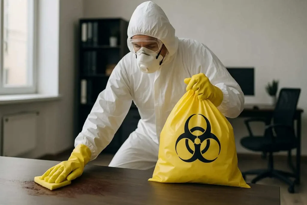 Biohazard cleanup technician in Kalamazoo, MI sanitizing a desk and handling a yellow biohazard disposal bag.