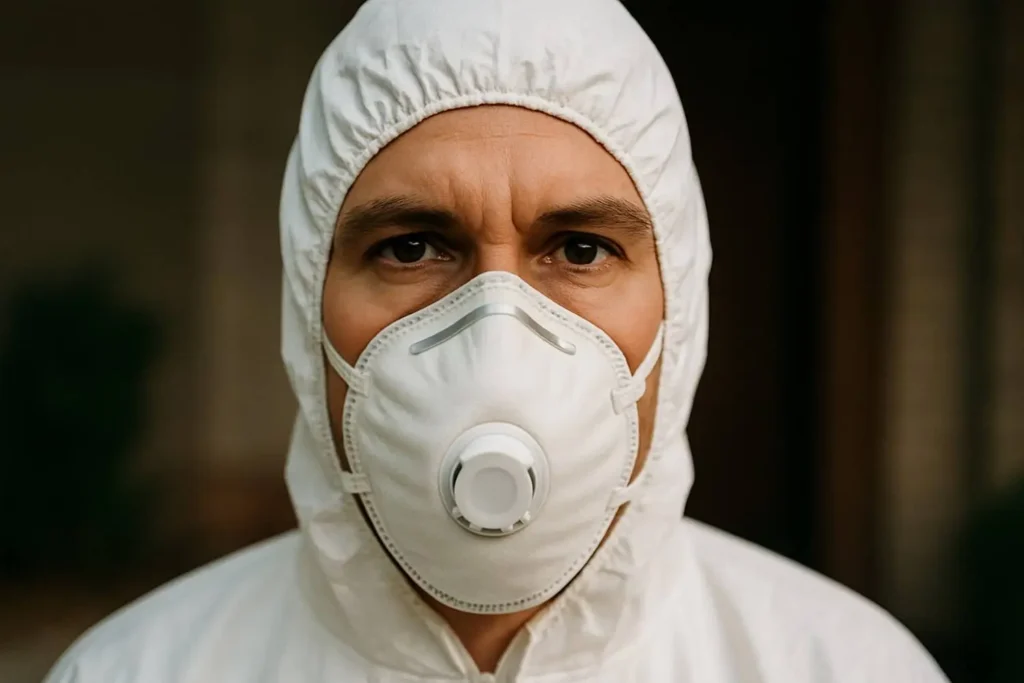 Close-up of a biohazard cleanup professional wearing full protective gear and a respirator mask in Sterling Heights, MI.
