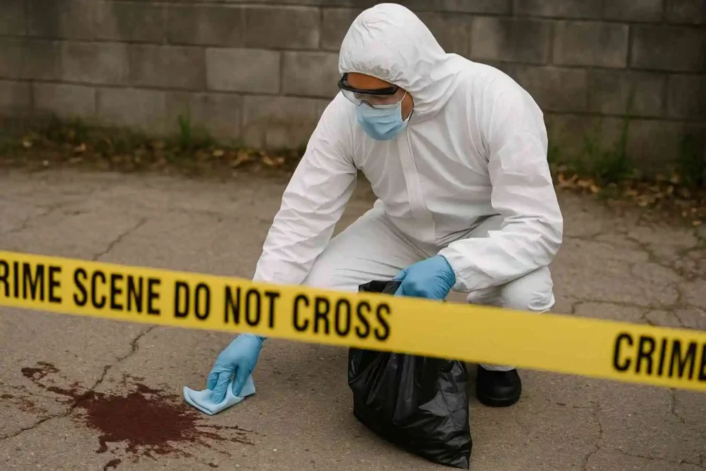 Crime scene cleanup technician in protective gear wiping blood from pavement behind yellow caution tape in Warren, MI.
