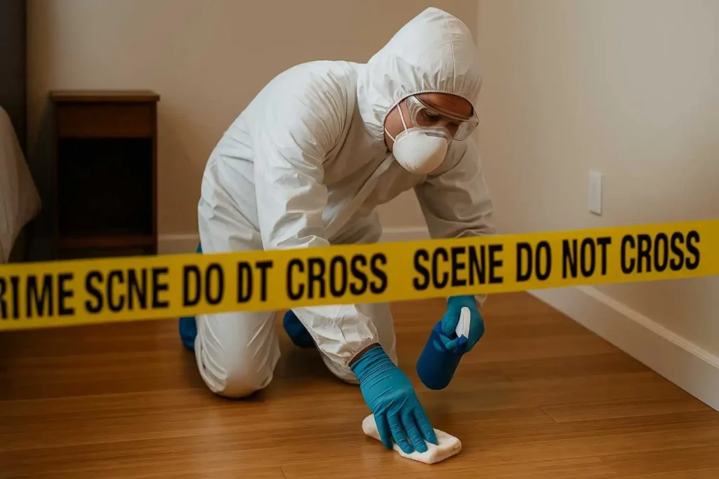 Crime scene cleanup technician disinfecting a hardwood floor behind caution tape in Dearborn, MI.