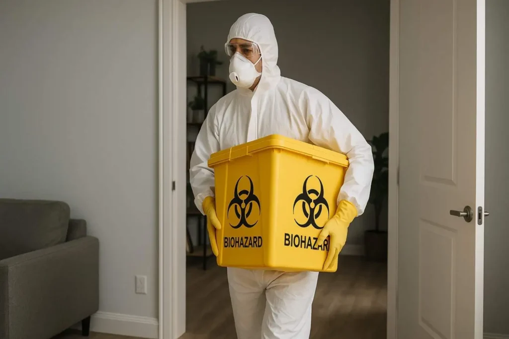 Biohazard cleanup technician in Lansing, MI carrying a yellow biohazard disposal container while wearing full protective gear inside a residential property.