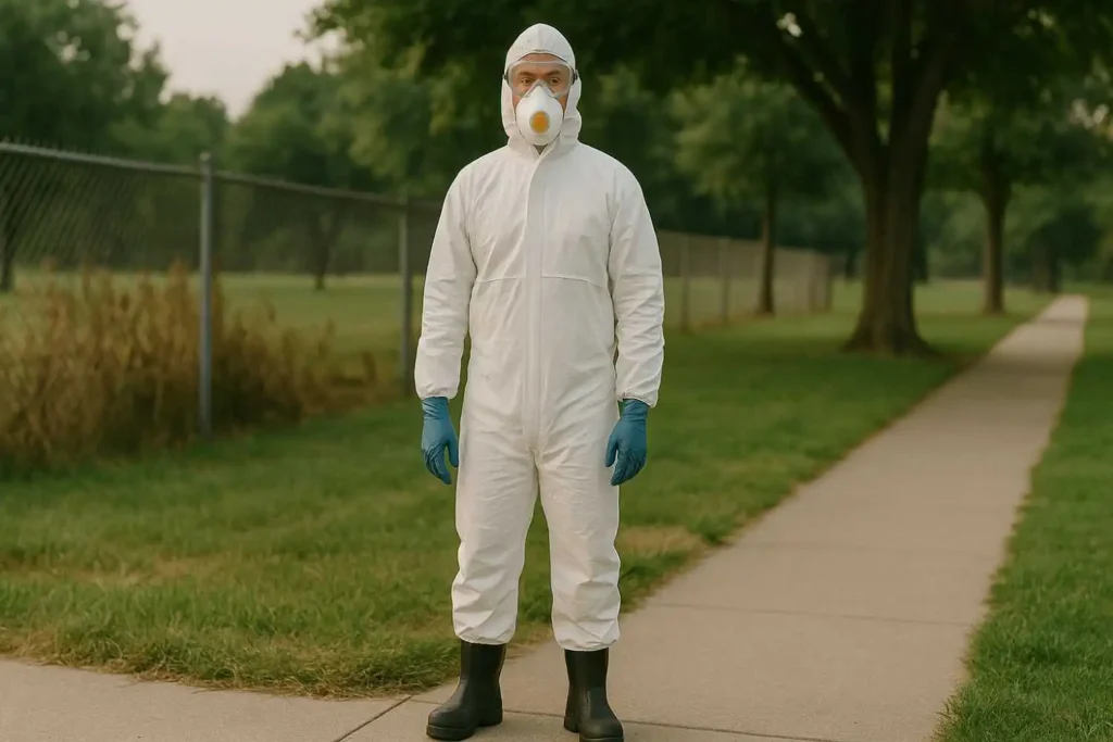 Biohazard cleanup technician in full protective suit and respirator standing outdoors on a sidewalk in Royal Oak, MI.
