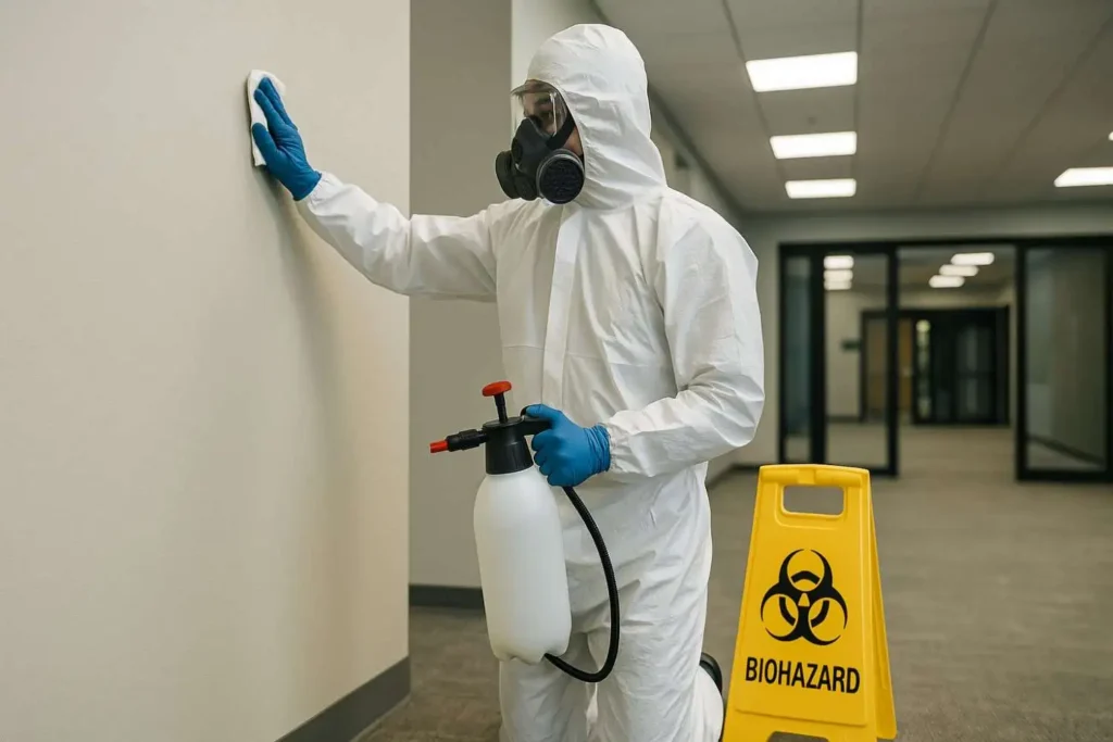 Professional biohazard technician sanitizing a commercial wall with disinfectant in Arlington, Tennessee.