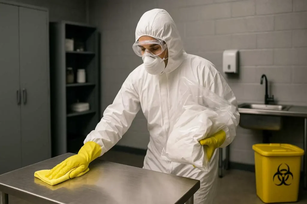 Biohazard cleanup technician disinfecting a stainless-steel table in Inkster, MI while wearing full protective gear.