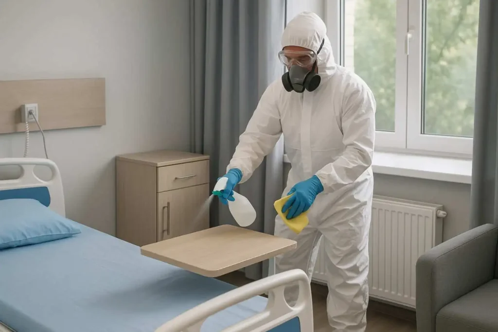 Biohazard technician disinfecting a hospital bed in Millington, Tennessee.