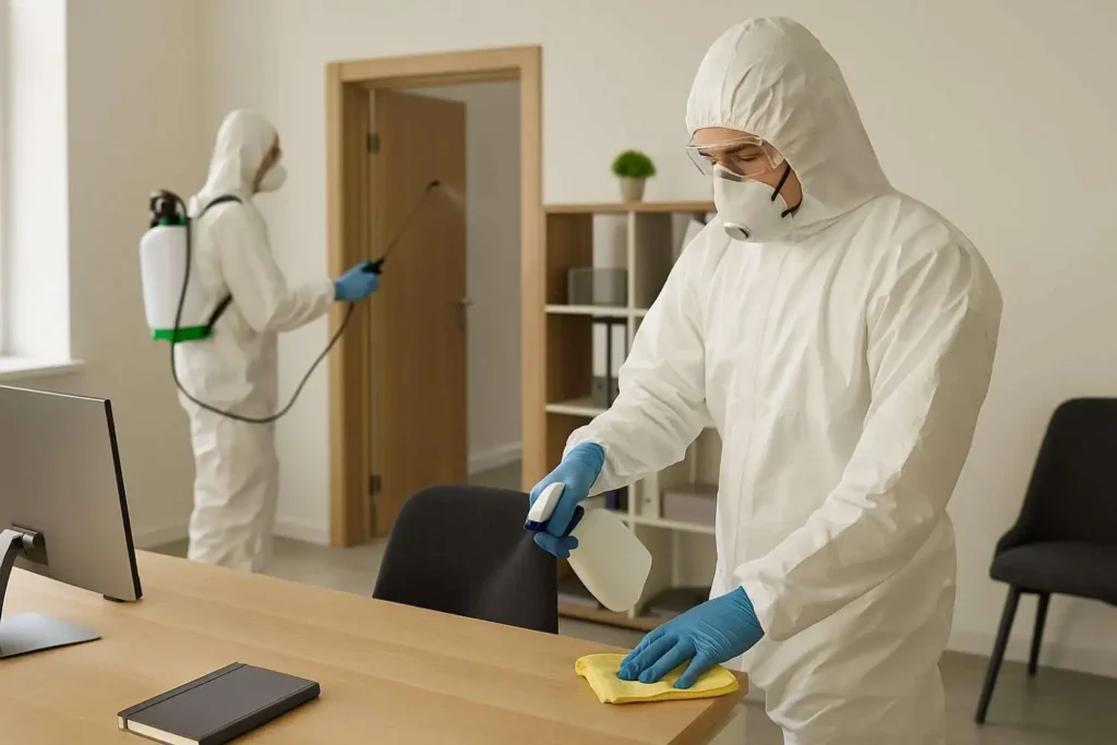 Biohazard cleaners disinfecting an office space in Mount Juliet, Tennessee.