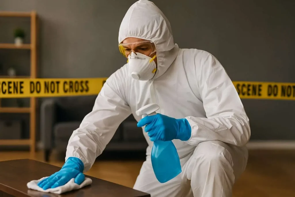 Professional biohazard cleanup technician disinfecting a table in a secured scene in Oak Ridge, TN.