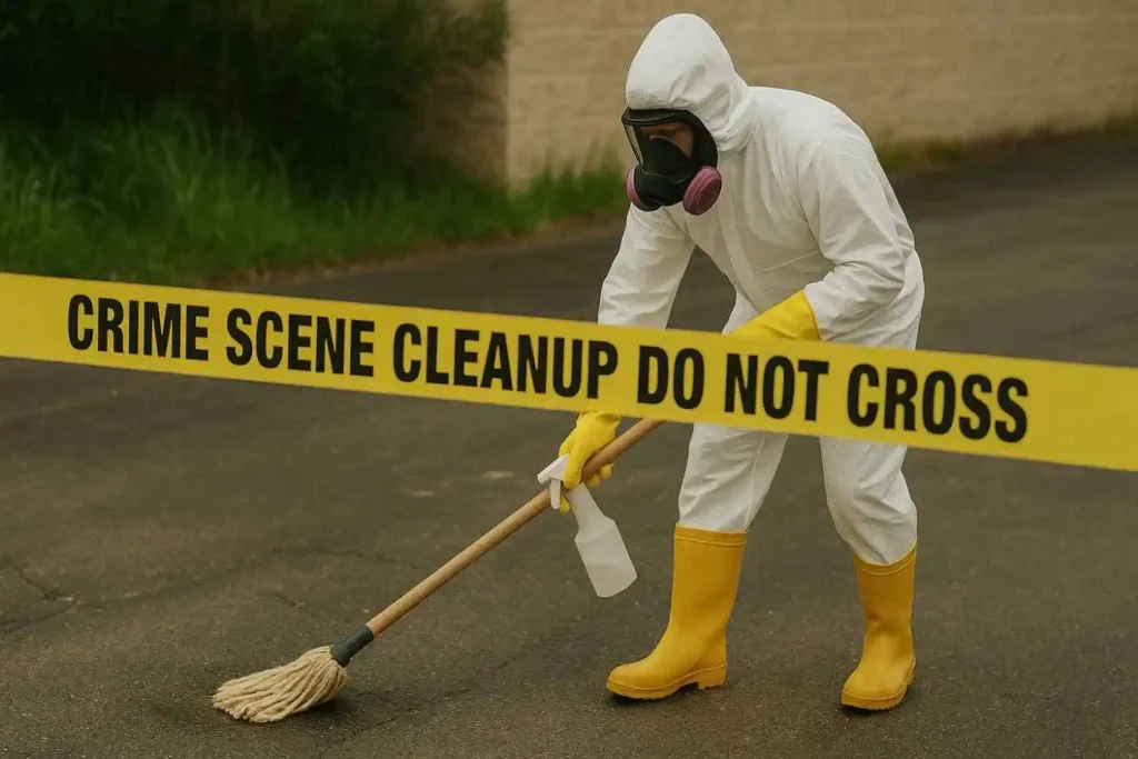 Crime scene cleanup professional in protective gear mopping a contaminated area outdoors in Roseville, MI.