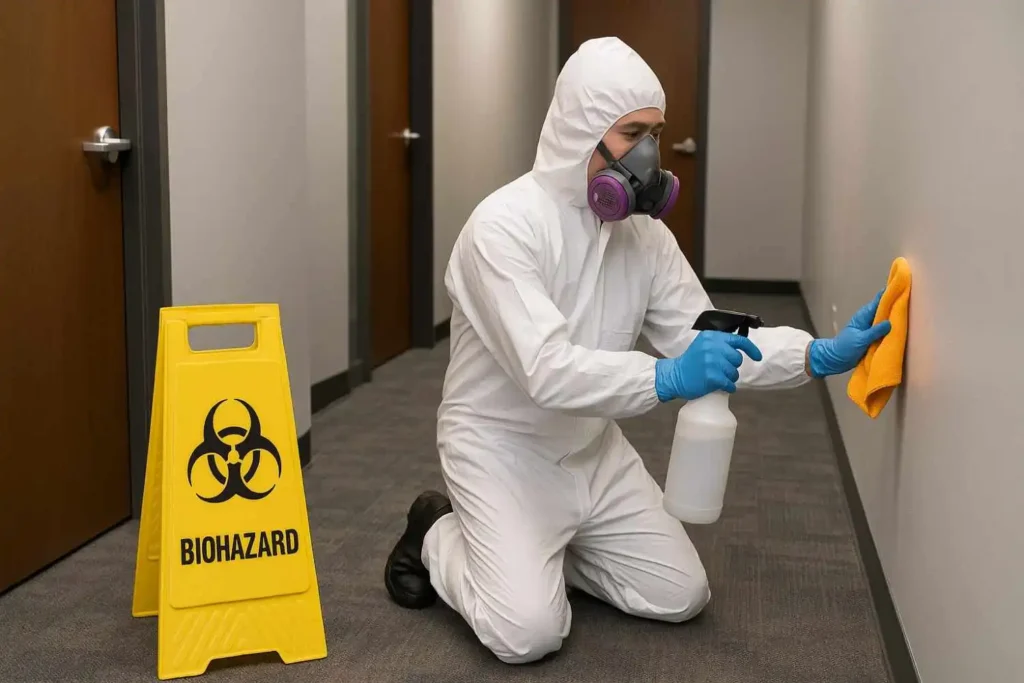 Biohazard cleaner disinfecting a hallway in Soddy-Daisy, Tennessee, wearing full protective gear.
