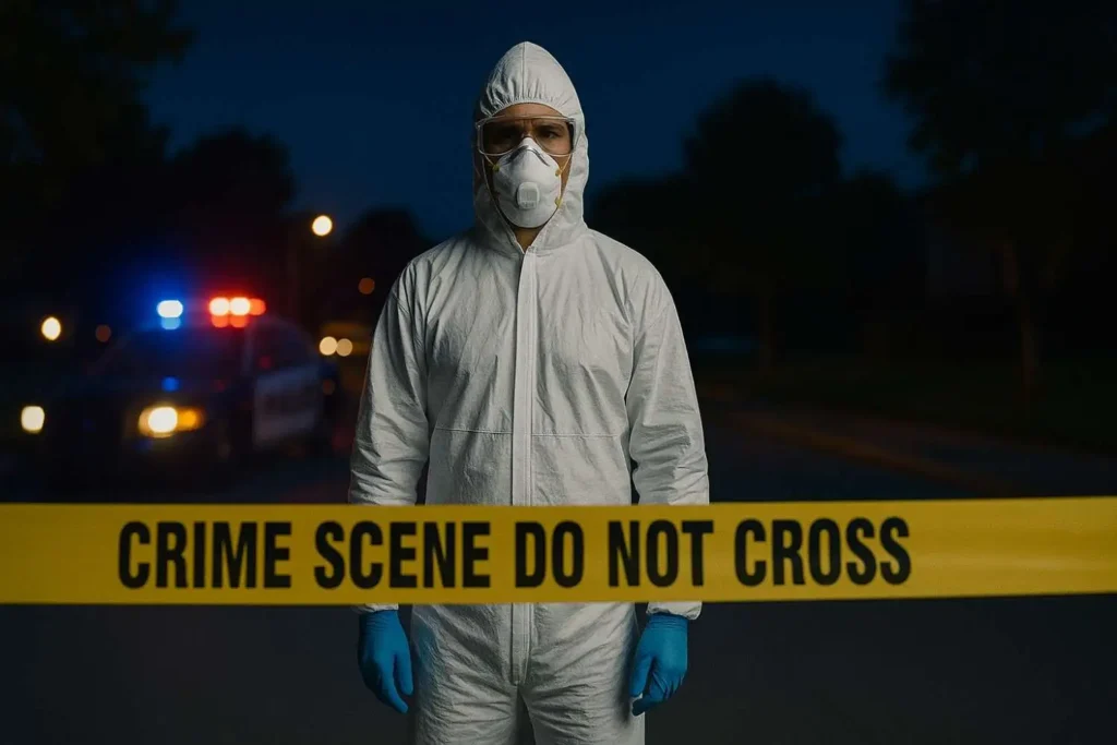Crime scene cleanup technician standing behind yellow crime scene tape at night in Southfield, MI.