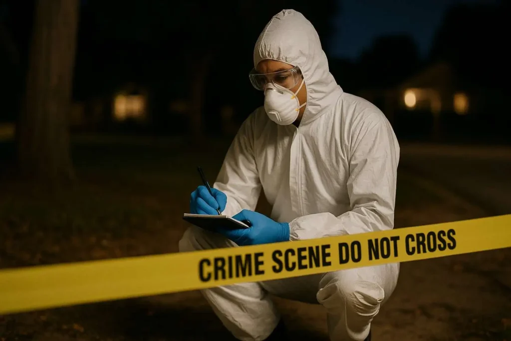 Crime scene technician in full protective gear taking notes behind crime scene tape at night in Southgate, MI.