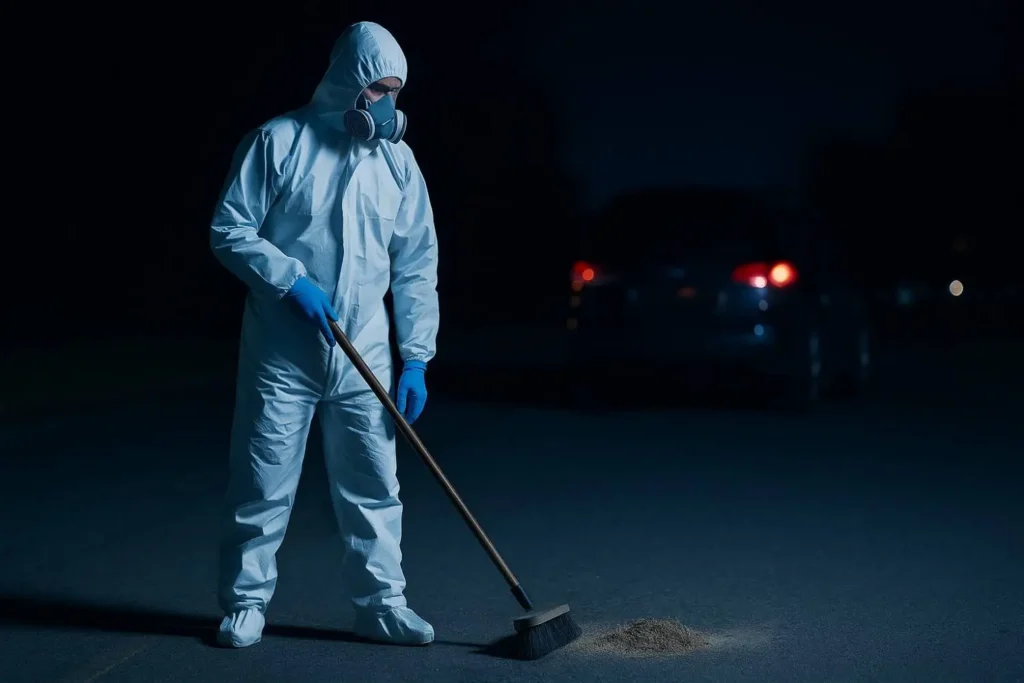 Biohazard cleanup technician sweeping debris on a roadway at night in Jackson, MI.