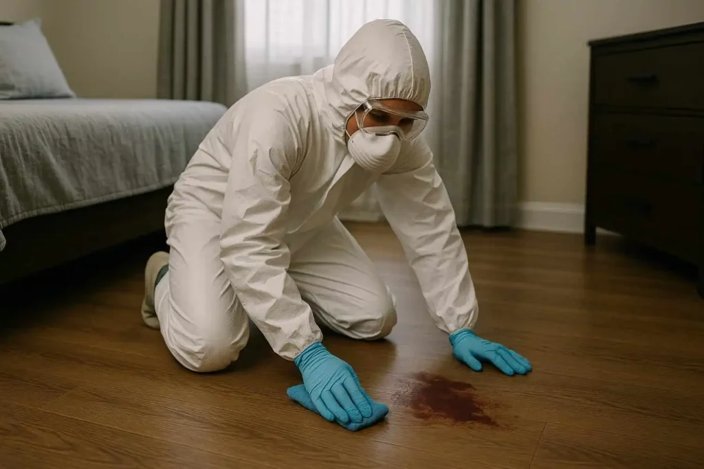 Crime scene cleanup technician disinfecting a bloodstain on a bedroom floor in Grand Rapids, MI.