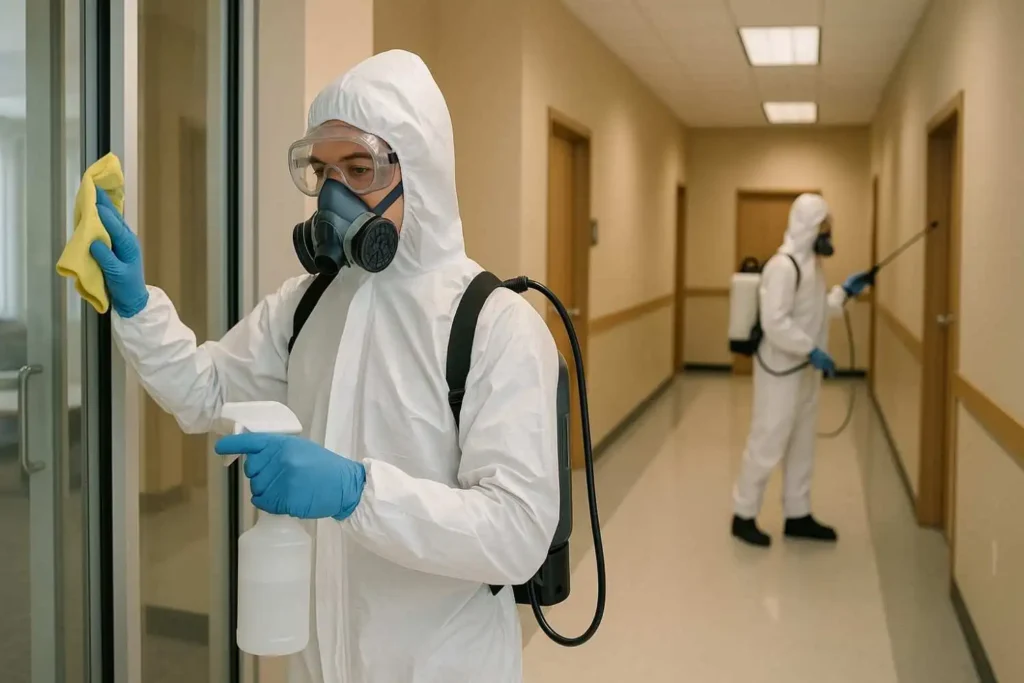 Biohazard cleaners disinfecting an office hallway in Kingsport, Tennessee.