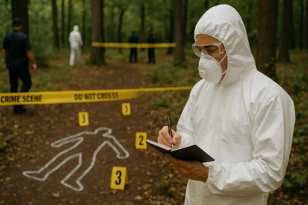 Crime scene cleanup professional in full protective gear documenting evidence in a forested area in Sterling Heights, MI.
