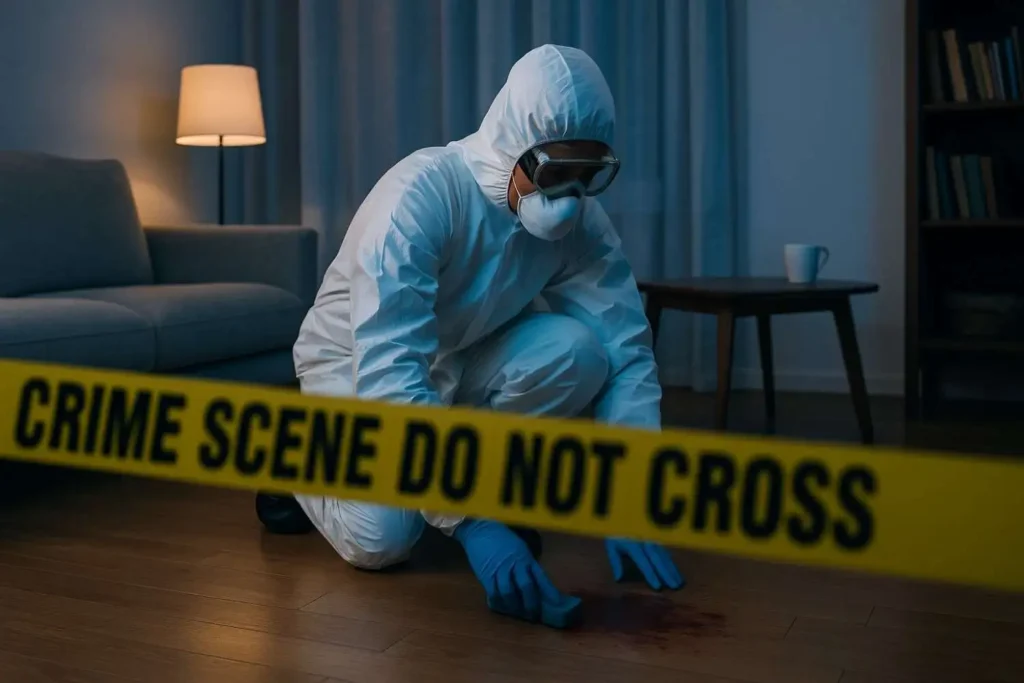 Crime scene cleanup technician sanitizing a bloodstain on a hardwood floor behind crime scene tape in Garden City, MI.