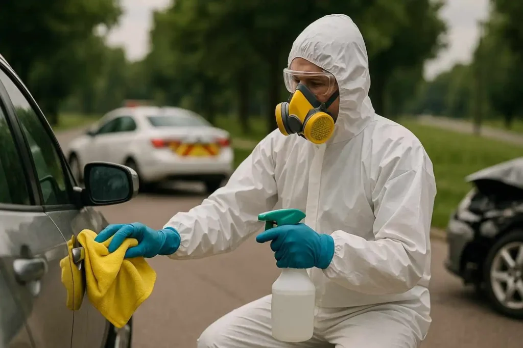 Biohazard cleaner disinfecting a vehicle after an outdoor accident in Columbia, Tennessee.