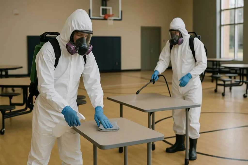 Biohazard cleaners disinfecting tables inside a public facility in Farragut, Tennessee.