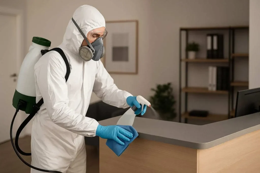 Biohazard cleaner disinfecting an office reception counter in Germantown, Tennessee.