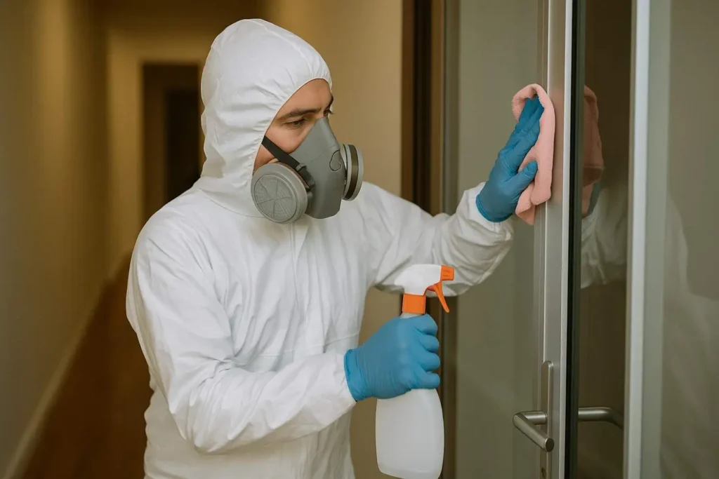 Crime scene cleanup technician disinfecting a glass door with professional cleaning solution in Sevierville, TN.