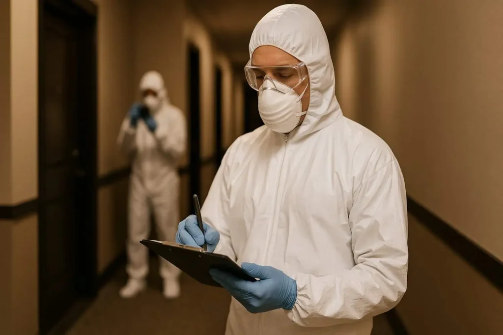 Crime scene cleanup technician in full protective gear taking notes in a hallway in St. Clair Shores, MI.
