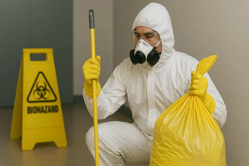 Biohazard cleanup technician in full protective suit holding a yellow waste bag and mop in Wyoming, MI.