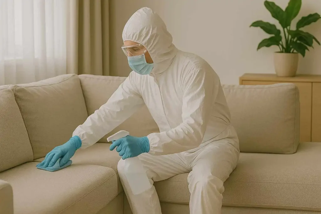 Biohazard cleanup technician disinfecting a sofa with a spray bottle and cleaning cloth in Farmington Hills, MI.