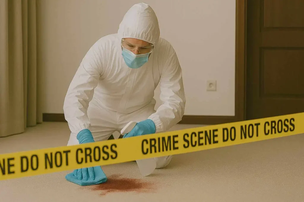 Crime scene cleanup technician sanitizing a carpeted floor behind yellow crime scene tape in Farmington Hills, MI.