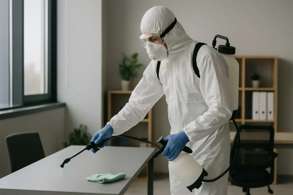 Biohazard technician disinfecting an office desk in Elizabethton, Tennessee.