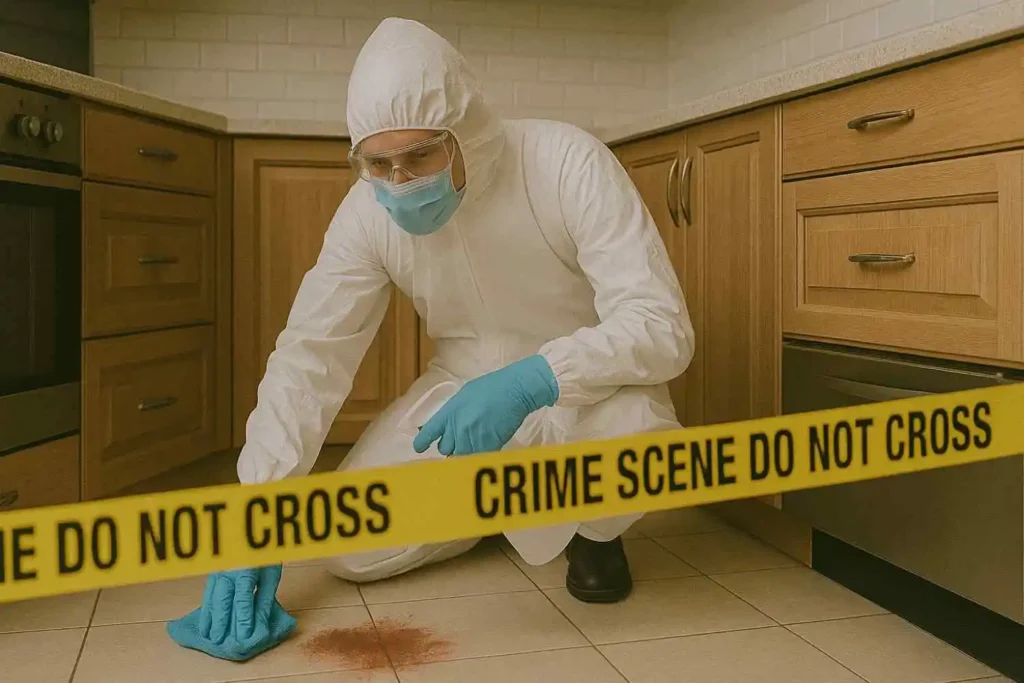 Crime scene cleanup technician disinfecting a stained kitchen floor behind crime scene tape in Garden City, MI.