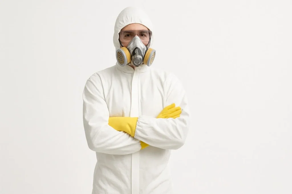 Biohazard cleanup technician wearing full protective gear with arms crossed in Hazel Park, MI.