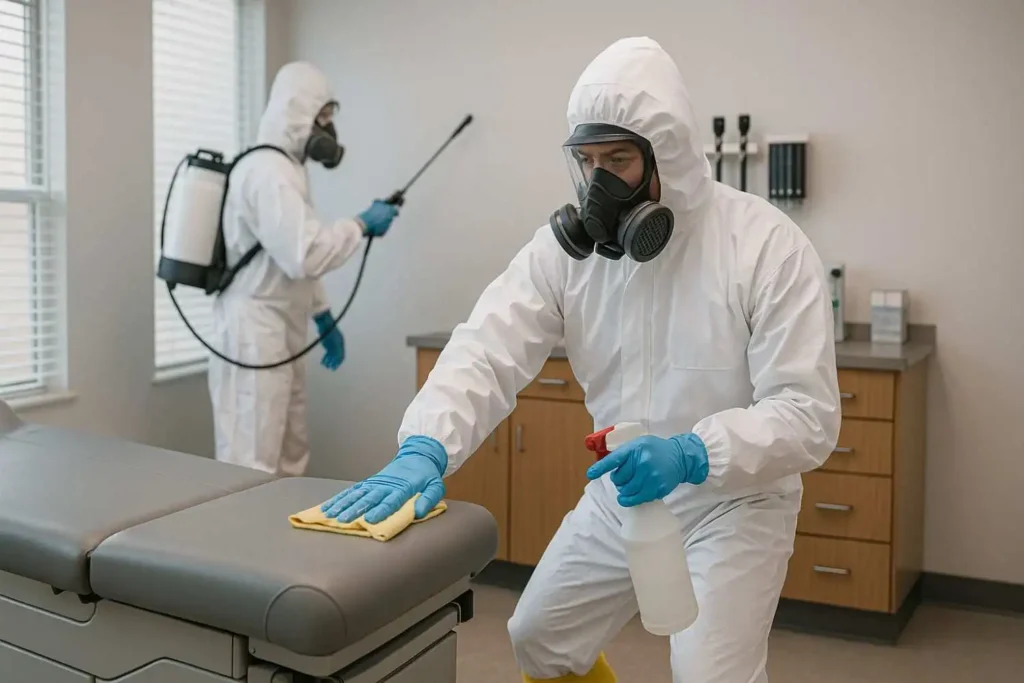 Biohazard technicians disinfecting a medical examination room in Hendersonville, Tennessee.