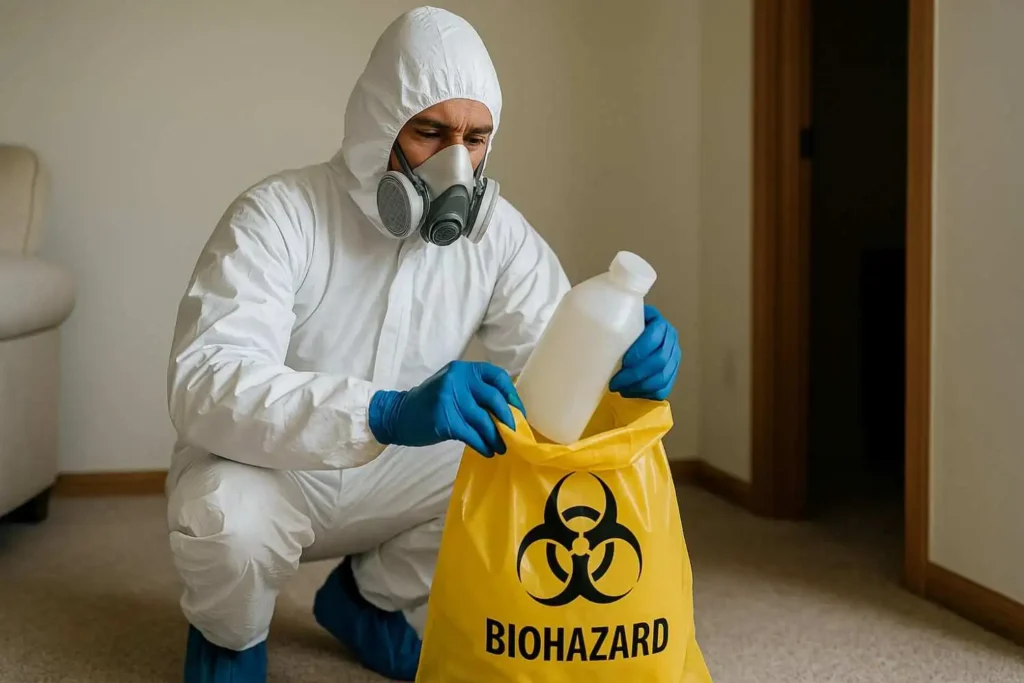 Biohazard cleanup technician placing contaminated materials into a yellow hazardous waste bag in Holland, MI.